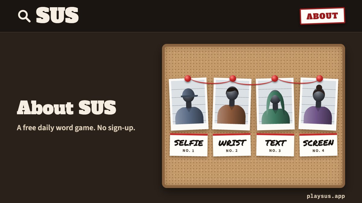 About SUS: four suspects holding the hints SELFIE, WRIST, TEXT and SCREEN.