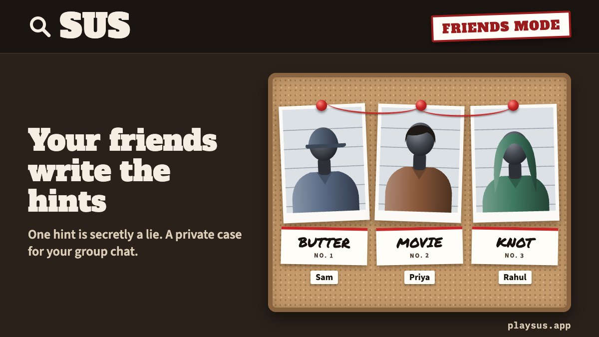 Play SUS with friends: three suspects named Sam, Priya and Rahul, with the hints BUTTER, MOVIE and KNOT on index cards.