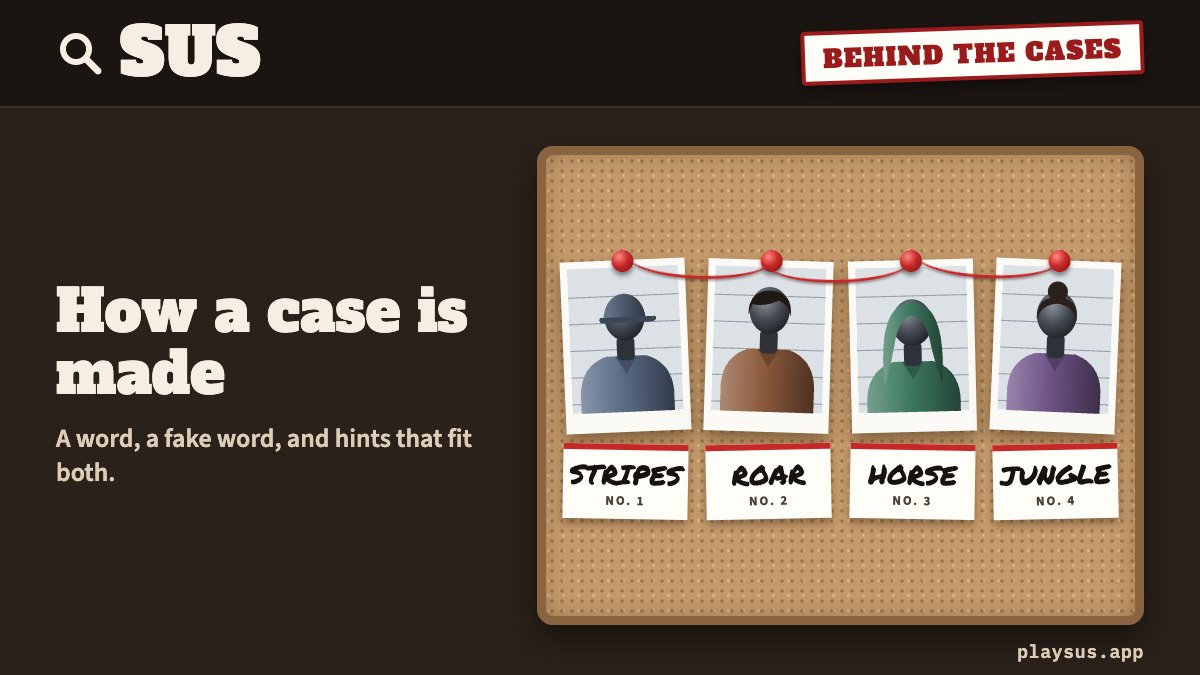How SUS cases are made: four suspects holding the hints STRIPES, ROAR, HORSE and JUNGLE.