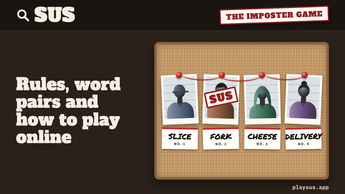 The imposter word game: four suspects holding the hints SLICE, FORK, CHEESE and DELIVERY.