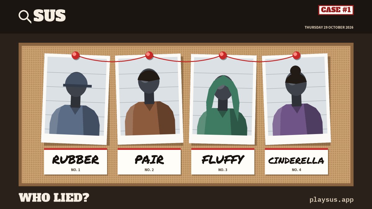 The lineup of SUS #1: four suspects holding the hints RUBBER, PAIR, FLUFFY and CINDERELLA.